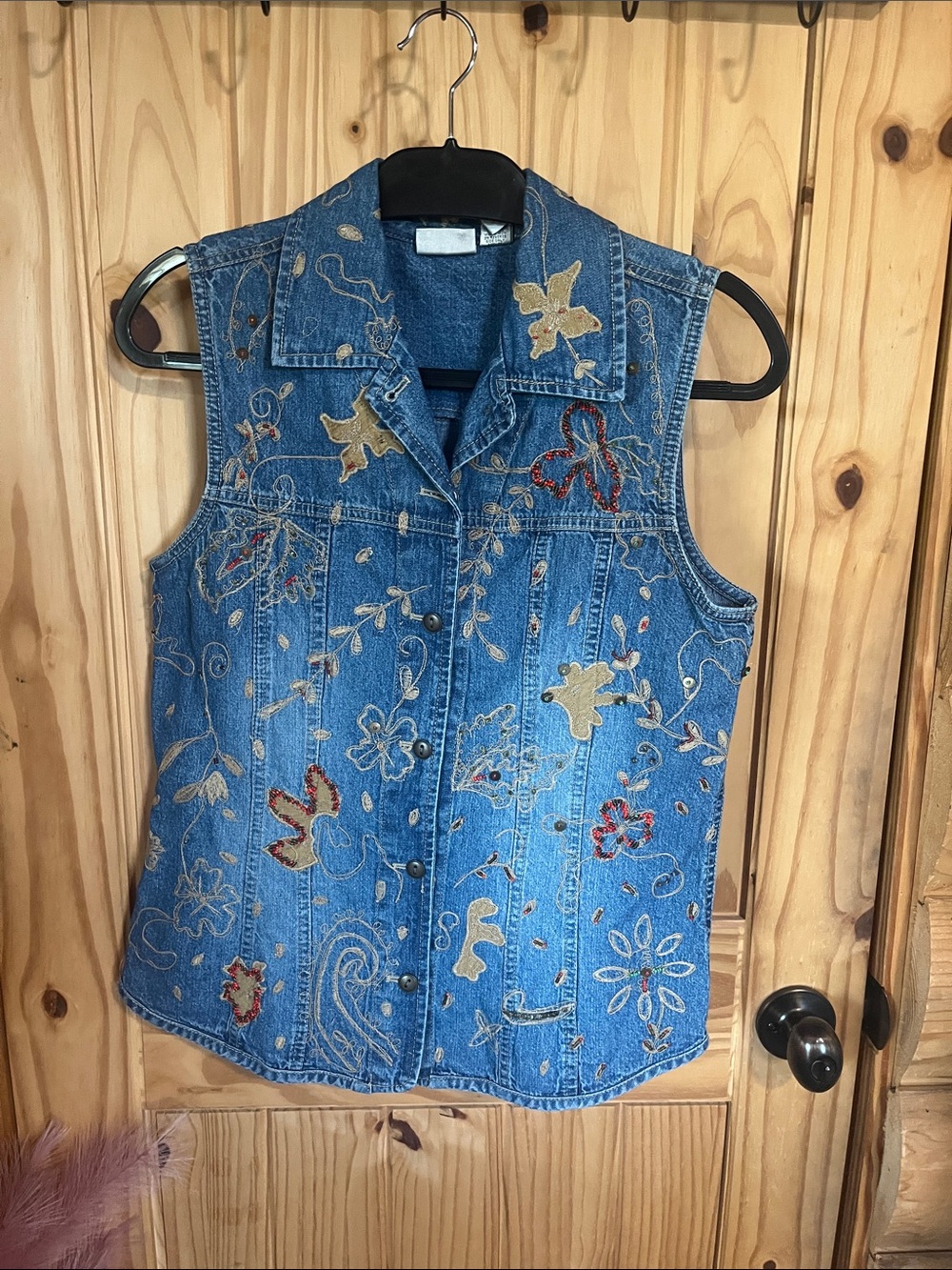 Chico's Embroidered Blue Denim Vest with Multicolor Accents